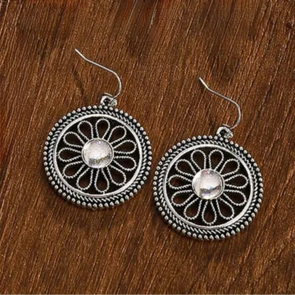 Silver Round Crystal Center Flower Drop Boho Earrings - Picture 2 of 3